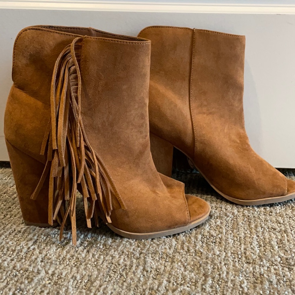 Brown Open Toe Tassel Booties - NEVER WORN!